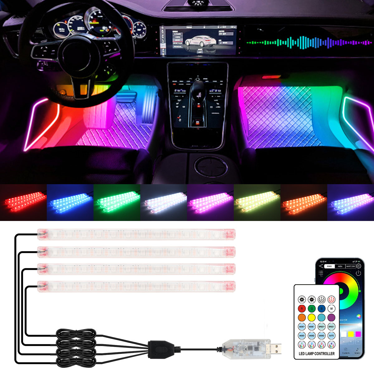 Led Ambient Interior Car Lights App Control - مصباح ديكوري 2/4 في 1 بـ