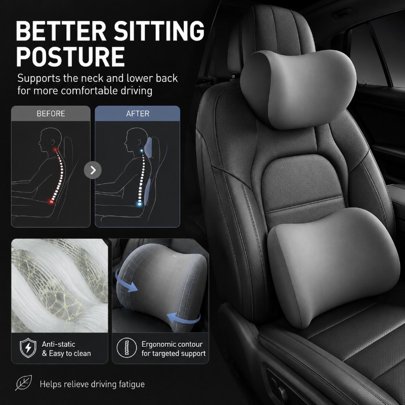 مجموعة وسادة رقبة لمسند الرأس  - مراجعة Memory Foam Car Neck Pillow Lumbar Support وسعره